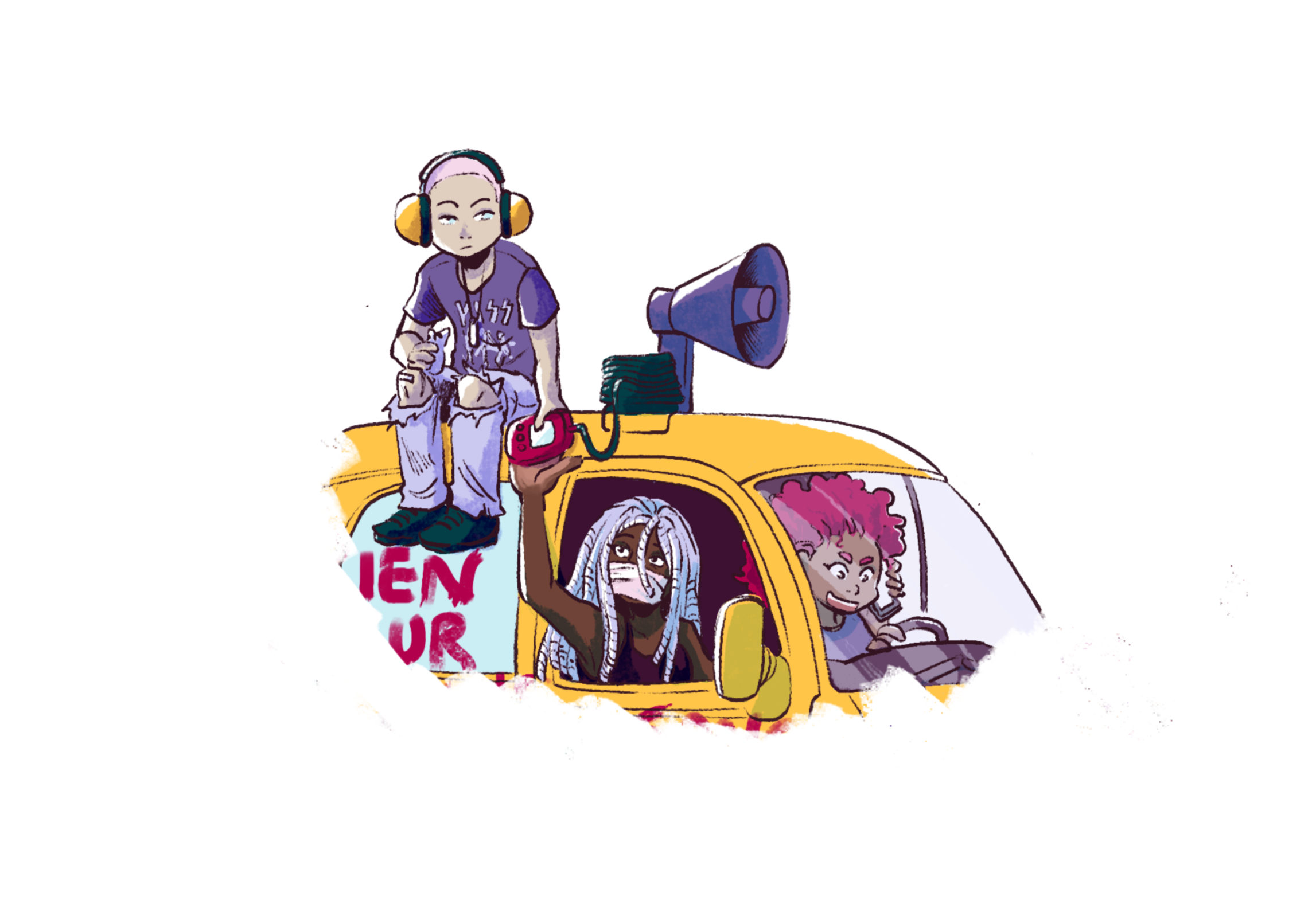 Trois personnes dans un véhicule jaune équipé d’un mégaphone sur le toit, une personne aux cheveux très courts avec casque anti-bruit assise dessus, une autre avec de longues dreads blanches passant le micro du mégaphone par la fenêtre, et la conductrice aux cheveux bouclés roses concentrée au volant, ambiance militante et solidaire. 