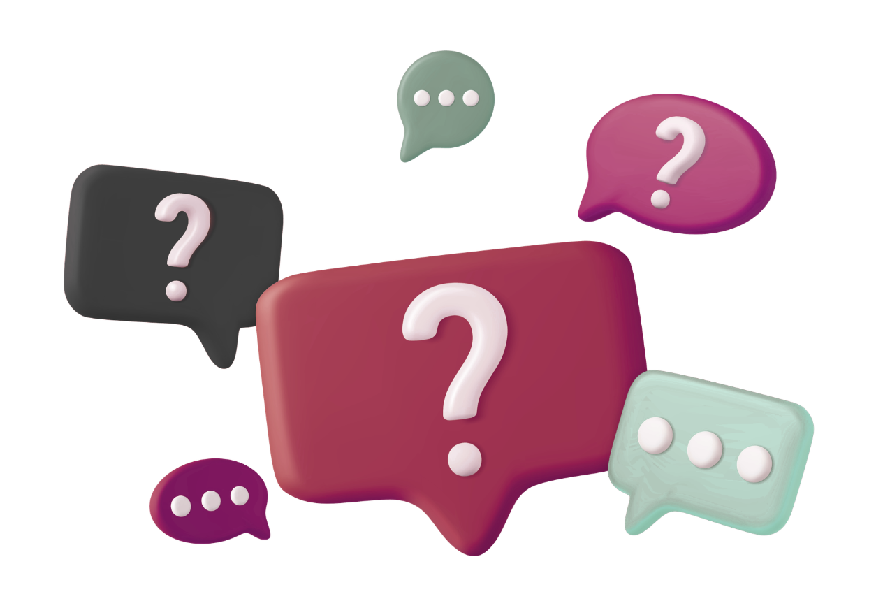 Plusieurs bulles de dialogue colorées en 3D flottant sur fond blanc, dont une grande centrale avec un point d'interrogation, illustrant le concept de questions, de discussion et d'échange.